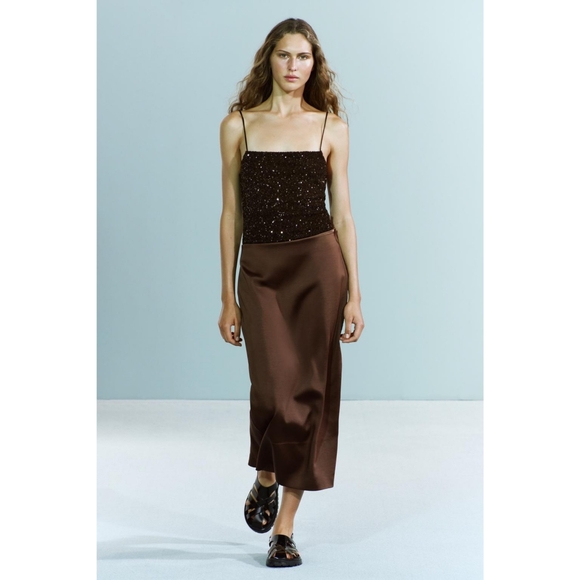Zara Brown Satin Midi Skirt